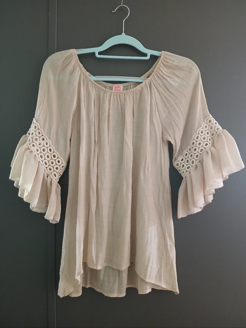 J &M Off The Shoulder Blouse, 3/4 Bell Sleeves With Crocheted Insets Size S